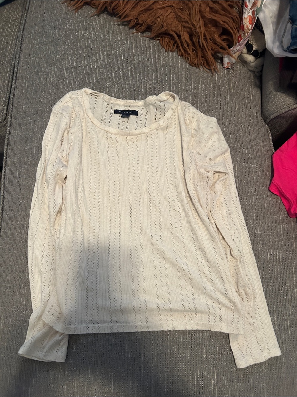 American Eagle Outfitters Cream Long Sleeve Open-Knit Top